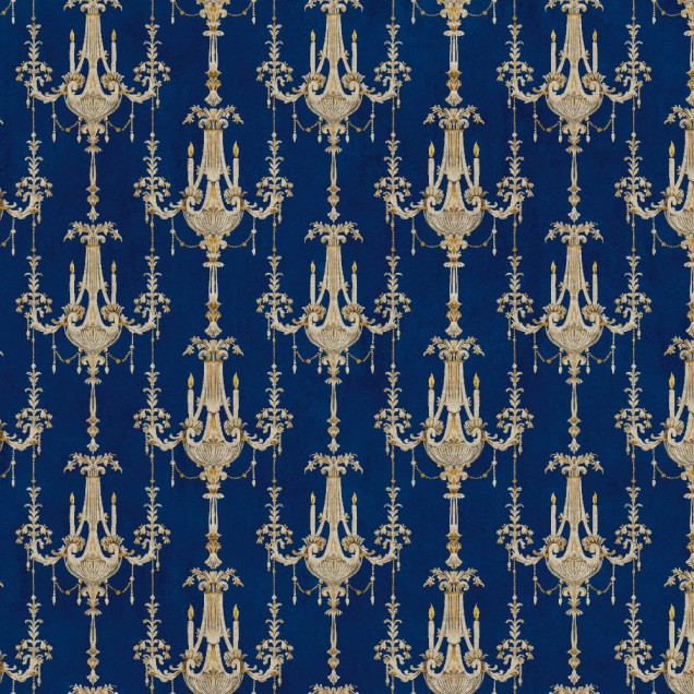 Tapet bleumarin cu candelabre aurii într-un living elegant