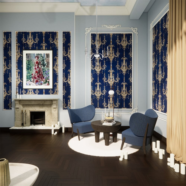 Tapet bleumarin cu candelabre aurii într-un living elegant