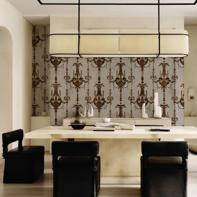 Tapet personalizat cu candelabre aurii într-un interior elegant