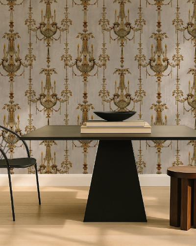 Tapet personalizat cu candelabre aurii într-un interior elegant