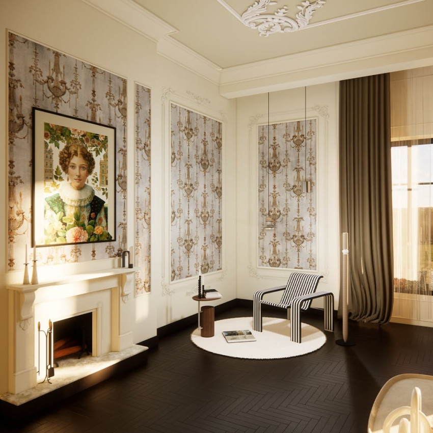 Tapet bleumarin cu candelabre aurii într-un living elegant