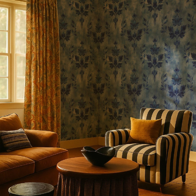 Tapet floral albastru într-un living elegant
