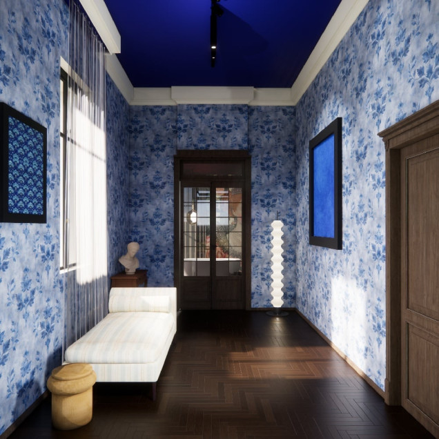 Tapet floral albastru într-un living elegant