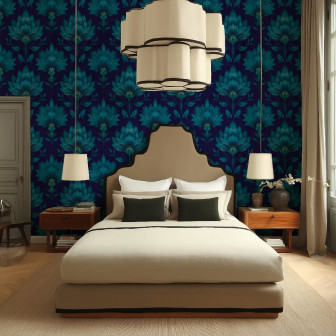 Tapet floral albastru într-un dormitor elegant