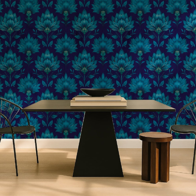 Tapet floral albastru într-un dormitor elegant