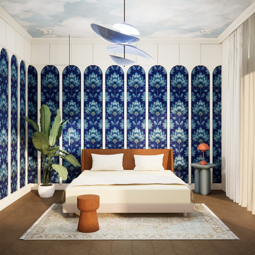 Tapet floral personalizat cu design opulent în dormitor