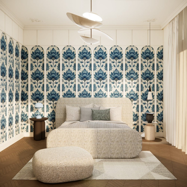 Tapet floral personalizat cu design opulent în dormitor