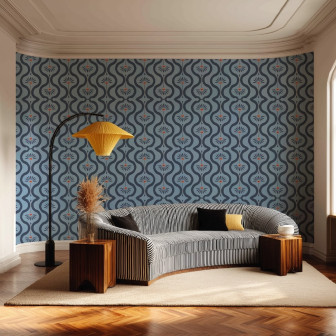Fototapet cu model floral stilizat într-un living elegant