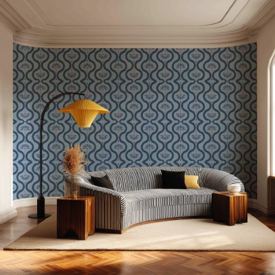 Fototapet cu model floral stilizat într-un living elegant