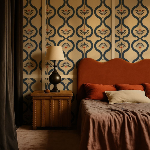 Tapet decorativ cu model floral stilizat, albastru și bej, într-o sufragerie modernă