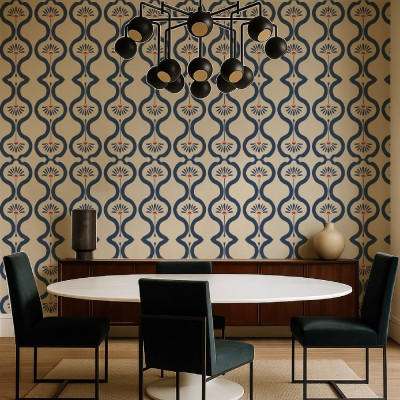 Tapet decorativ cu model floral stilizat, albastru și bej, într-o sufragerie modernă
