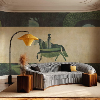 Tapet cu design cal și peisaj verde într-o cameră decorată