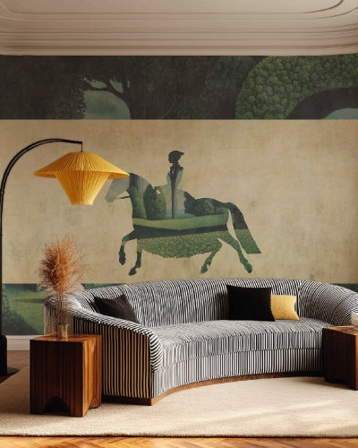 Tapet cu design cal și peisaj verde într-o cameră decorată