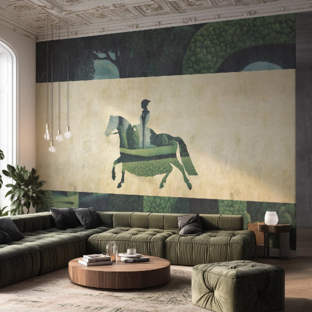 Tapet cu design cal și peisaj verde într-o cameră decorată