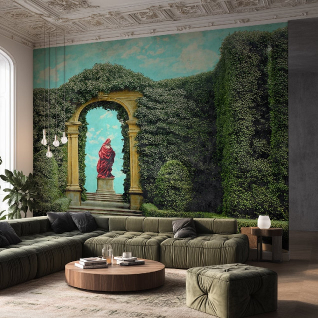 Fototapet personalizat cu design de grădină clasică, arcadă și vegetație luxuriantă