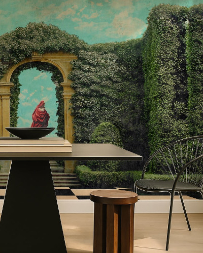 Fototapet personalizat cu design de grădină clasică, arcadă și vegetație luxuriantă
