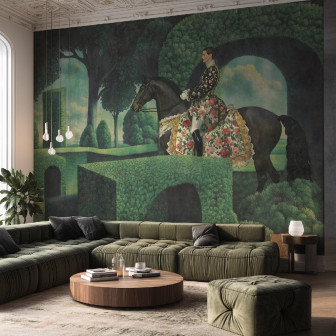 Fototapet personalizat cu design artistic: labirint verde și cavaler pe cal