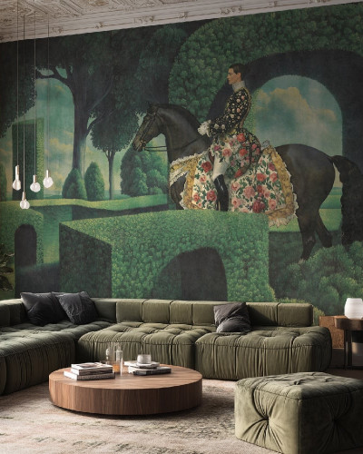 Fototapet personalizat cu design artistic: labirint verde și cavaler pe cal