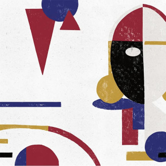 Fototapet abstract cu forme geometrice și culori vibrante într-un living modern.