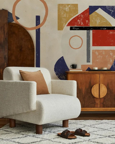 Fototapet personalizat cu design abstract modern și scaun confortabil într-un living amenajat.