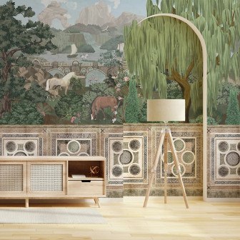 Fototapet personalizat cu peisaj idilic, cai și vegetație luxuriantă