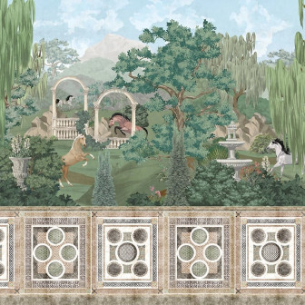 Fototapet personalizat cu peisaj idilic, cai și vegetație luxuriantă