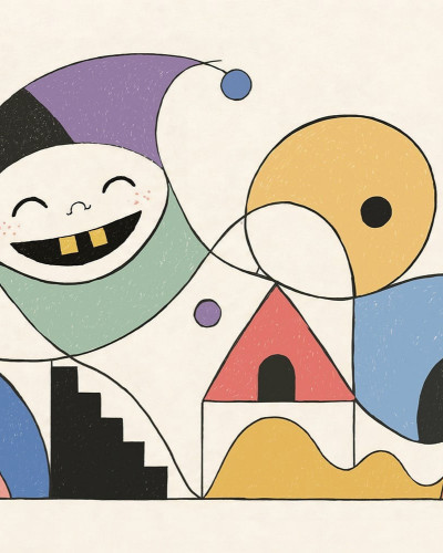Tapet modern cu un personaj zâmbitor și forme geometrice colorate într-o cameră de copii