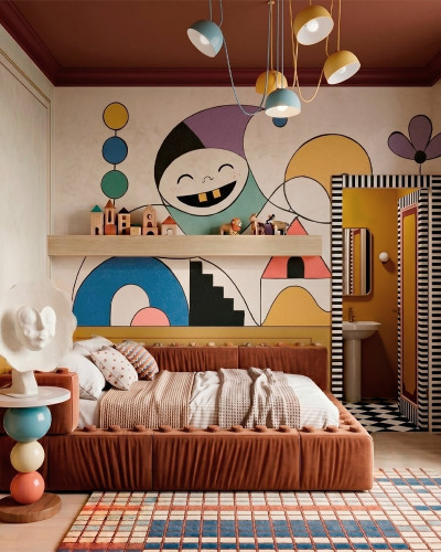 Tapet modern cu un personaj zâmbitor și forme geometrice colorate într-o cameră de copii