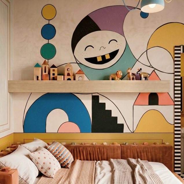 Tapet modern cu un personaj zâmbitor și forme geometrice colorate într-o cameră de copii