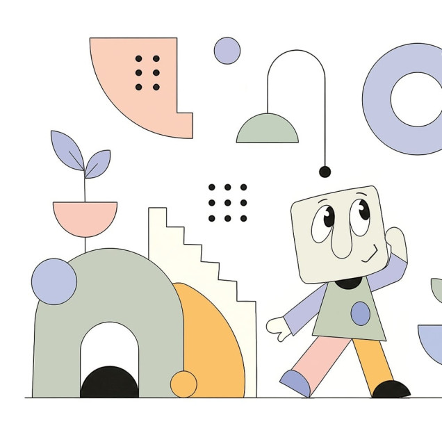 Tapet cu personaje vesele și forme geometrice în pasteluri, decorând o cameră de copil modernă.