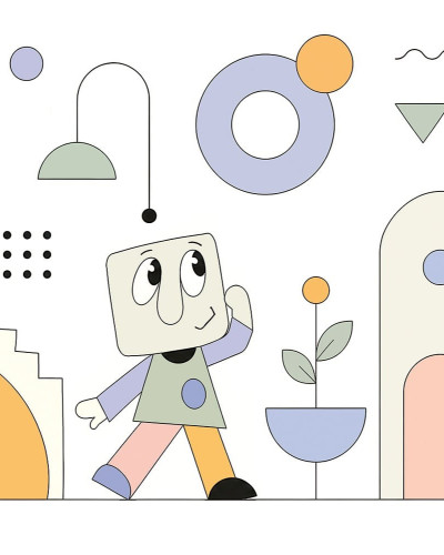 Tapet cu personaje vesele și forme geometrice în pasteluri, decorând o cameră de copil modernă.