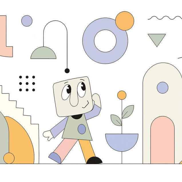 Tapet cu personaje vesele și forme geometrice în pasteluri, decorând o cameră de copil modernă.