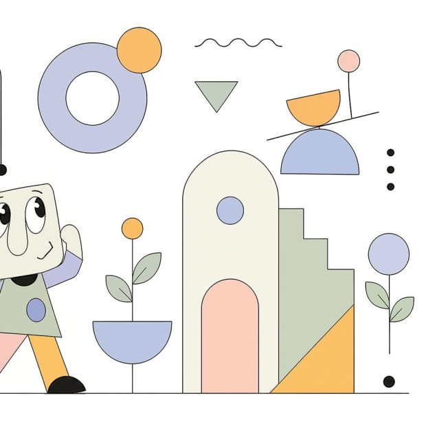 Tapet cu personaje vesele și forme geometrice în pasteluri, decorând o cameră de copil modernă.