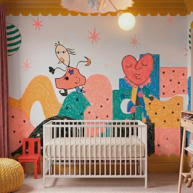 Tapet Noor cu personaje animate și forme geometrice colorate într-o cameră de copii.