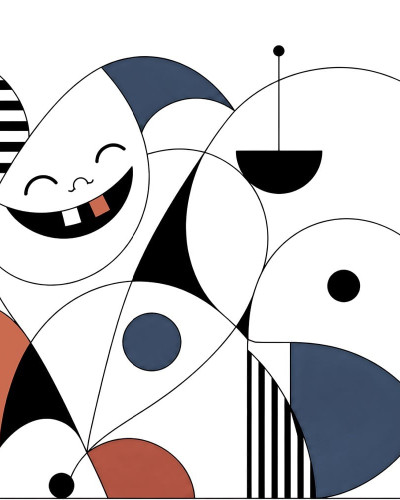 Fototapet cu design abstract și forme geometrice, colorat, într-o cameră de copil cu pat și jucării.