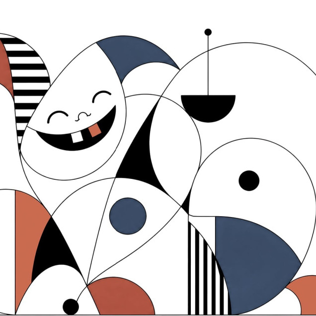 Fototapet cu design abstract și forme geometrice, colorat, într-o cameră de copil cu pat și jucării.
