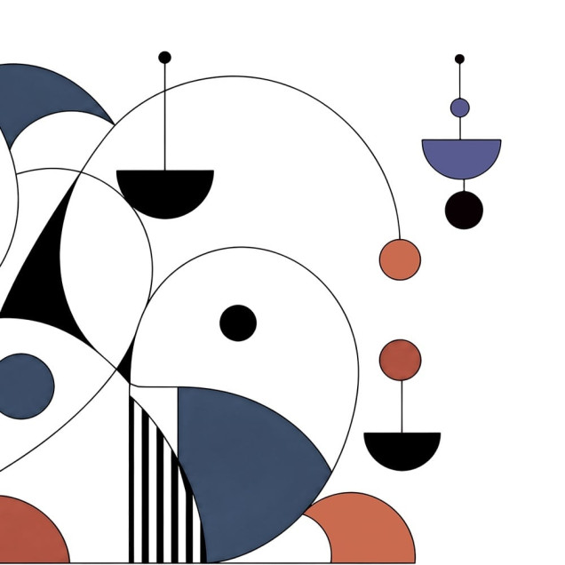 Fototapet cu design abstract și forme geometrice, colorat, într-o cameră de copil cu pat și jucării.