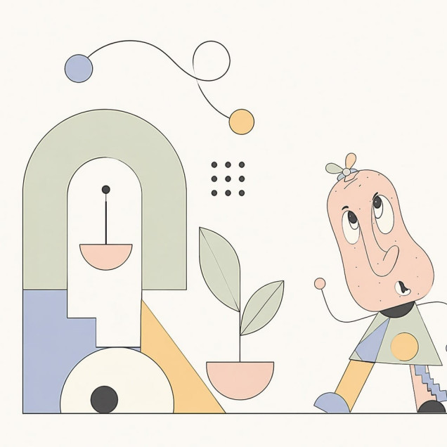Tapet cu design abstract și personaje de desene animate într-o cameră de copii.