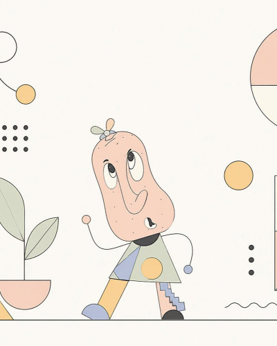 Tapet cu design abstract și personaje de desene animate într-o cameră de copii.