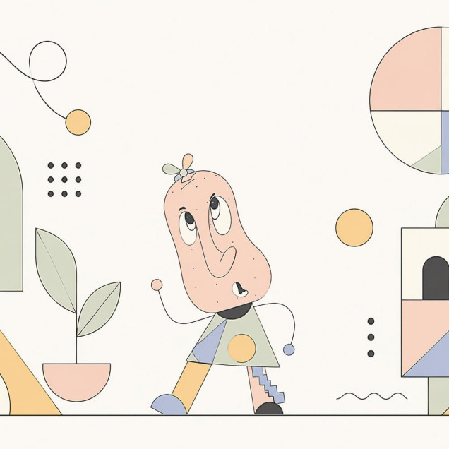 Tapet cu design abstract și personaje de desene animate într-o cameră de copii.