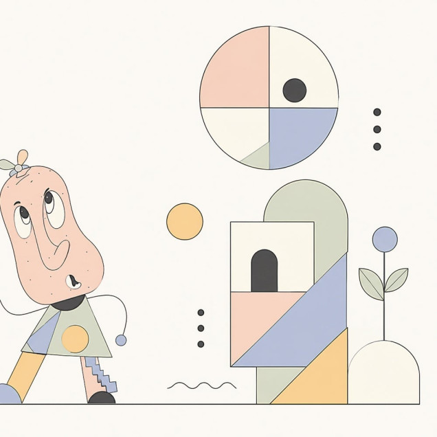 Tapet cu design abstract și personaje de desene animate într-o cameră de copii.