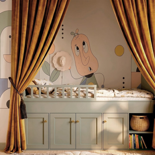 Tapet cu design abstract și personaje de desene animate într-o cameră de copii.