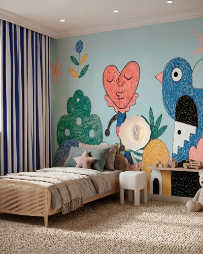Fototapet cu personaje stilizate și elemente abstracte colorate, pentru camera copiilor.
