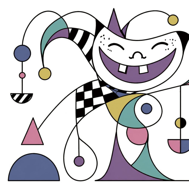 Fototapet abstract vesel cu personaje din desene animate, culori pastelate și forme geometrice, într-o cameră de copii.