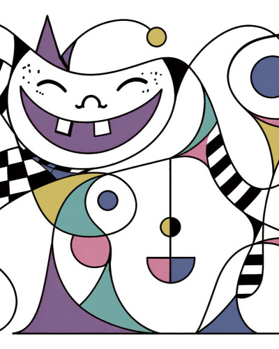 Fototapet abstract vesel cu personaje din desene animate, culori pastelate și forme geometrice, într-o cameră de copii.