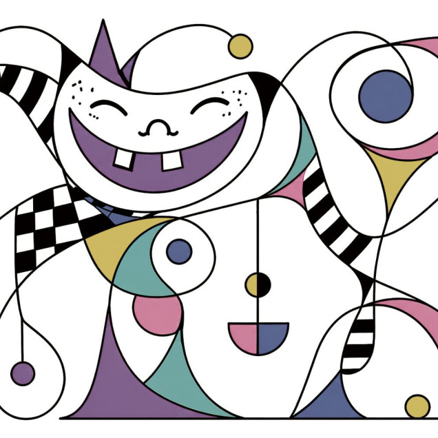 Fototapet abstract vesel cu personaje din desene animate, culori pastelate și forme geometrice, într-o cameră de copii.