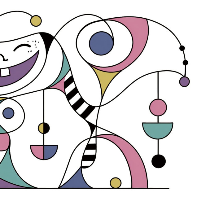 Fototapet abstract vesel cu personaje din desene animate, culori pastelate și forme geometrice, într-o cameră de copii.