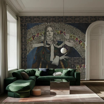 Fototapet cu design artistic feminin într-un living modern