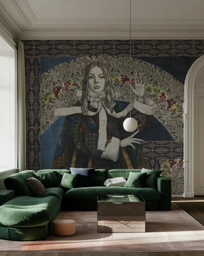 Fototapet cu design artistic feminin într-un living modern