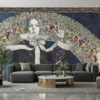 Fototapet cu design artistic feminin într-un living modern